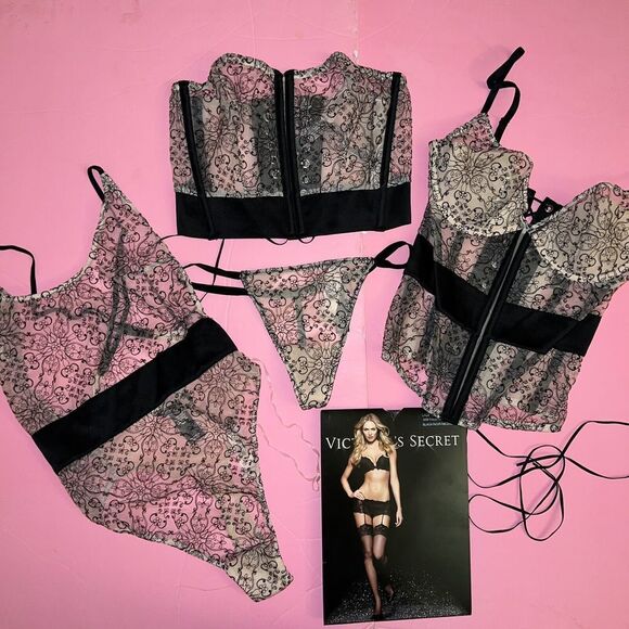 Victoria's Secret Other - NWT Victoria's Secret 32B,32C CORSET+TEDDY+thong+BUSTIER EMBROIDERED Black Beige